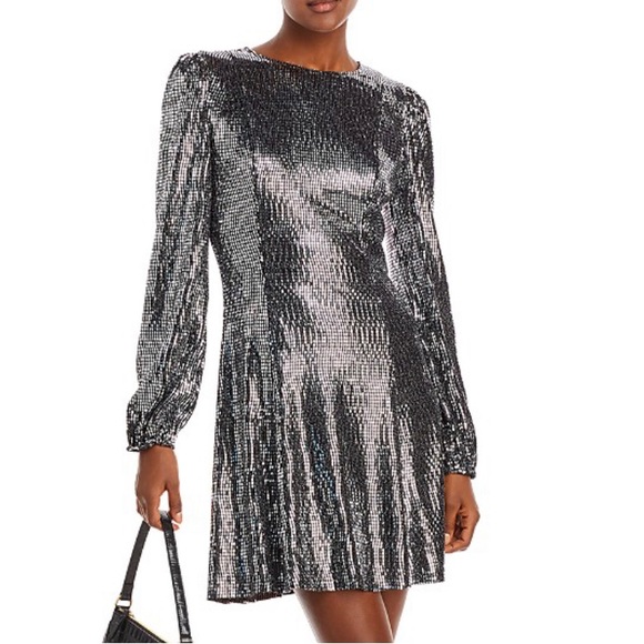 AQUA Shine Metallic Long Puff Sleeve Mini Dress NWT size large - Picture 3 of 7